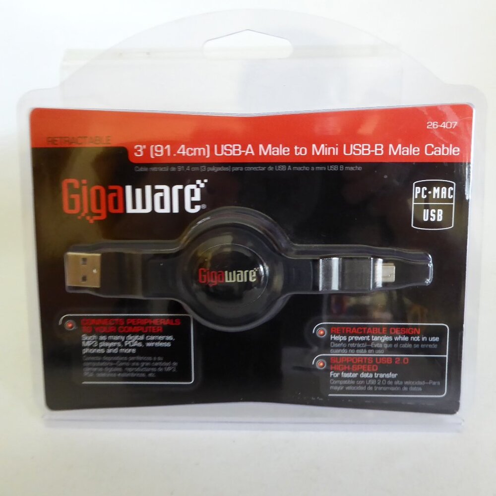 NEW GIGAWARE RETRACTABLE 3’ USB-A MALE TO MINI USB-B MALE CABLE PC & MAC